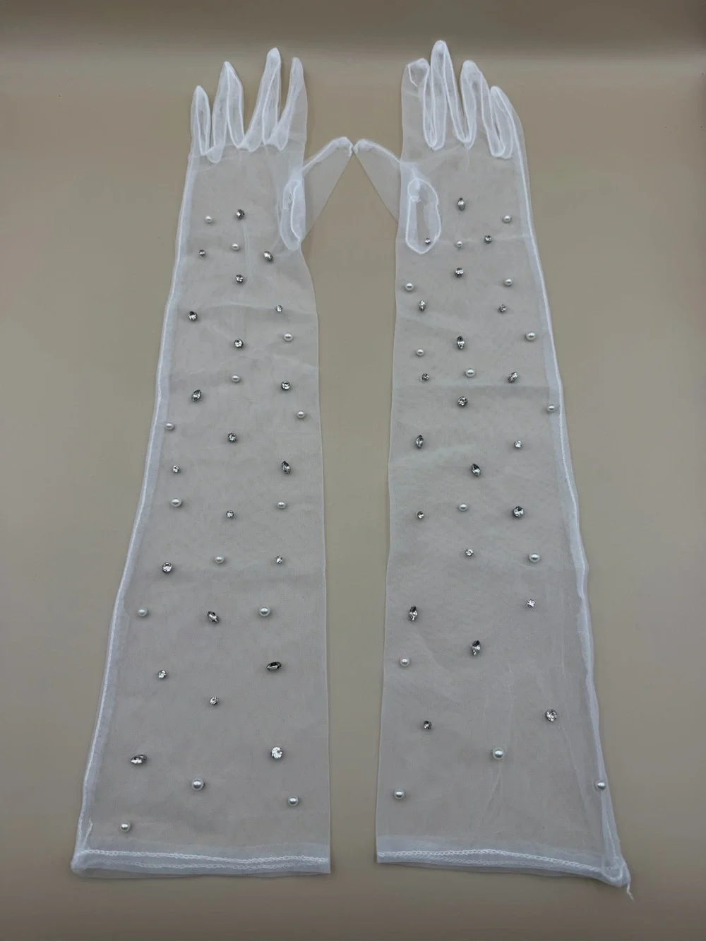 White Pearl & Rhinestone Long Bridal Gloves